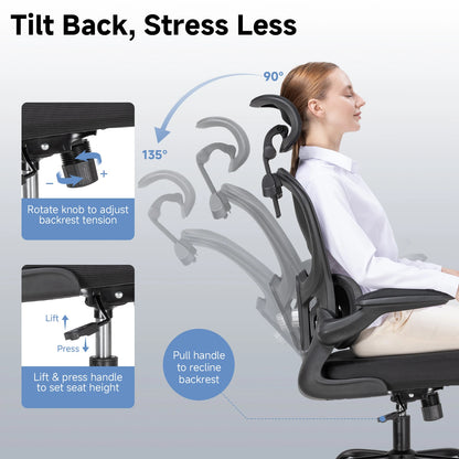 Bureaustoel – Office Chair – Gamingstoel – Werkstoel – Computerstoel – Ergonomische 3D Hoofdsteun – Verstelbare Lendensteun – Inklapbare Armleuningen – Jas- en Tashaak – Beige Mesh