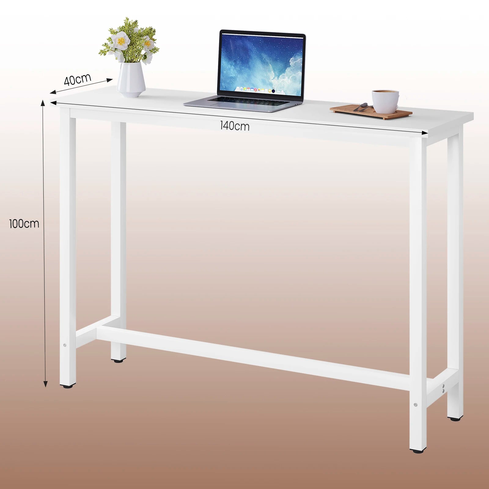 Bartafel - Tafel - Bistrotafel - 140x40x100cm - Met Voetsteun en Metalen Frame - Ontbijttafel - Eettafel - Koffietafel of Sidetable - Wit - QUORE