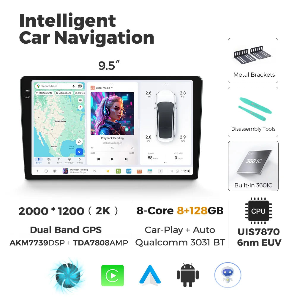 9,5 Inch Touchscreen Auto Multimedia Speler – Autoradio – Navigatiesysteem – CarPlay – Android Auto – 12GB RAM – 4G LTE WiFi Connectivity