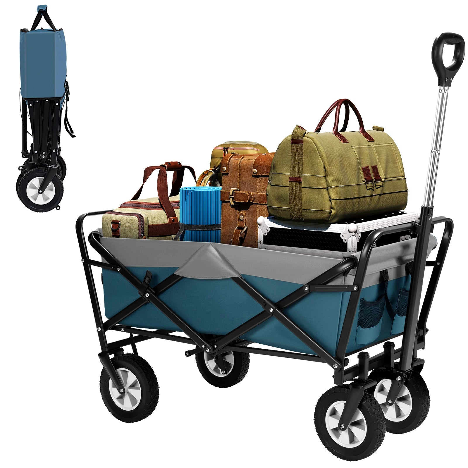 Tuinwagen - Tuinkar - Bolder - Transport - Strand - Heavy-duty - Plat- en - Hekwerkontwerp - 360° Draaibare Wielen - Voor Tuin - Erf - en Magazijn - Ergonomische Handgreep - Draagvermogen 80kg - Blauw Grijs - QUORE
