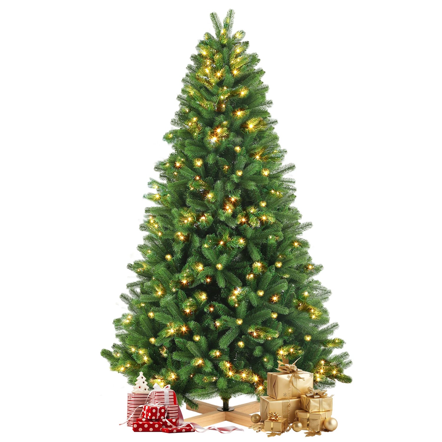 Kerstboom – Kunstkerstboom – Kunstboom – Kerstdecoratie – Feestboom – 180 cm Hoog – 250 Warm Witte LED Lampjes – Realistisch PVC + PE Met Houten Standaard - QUORE