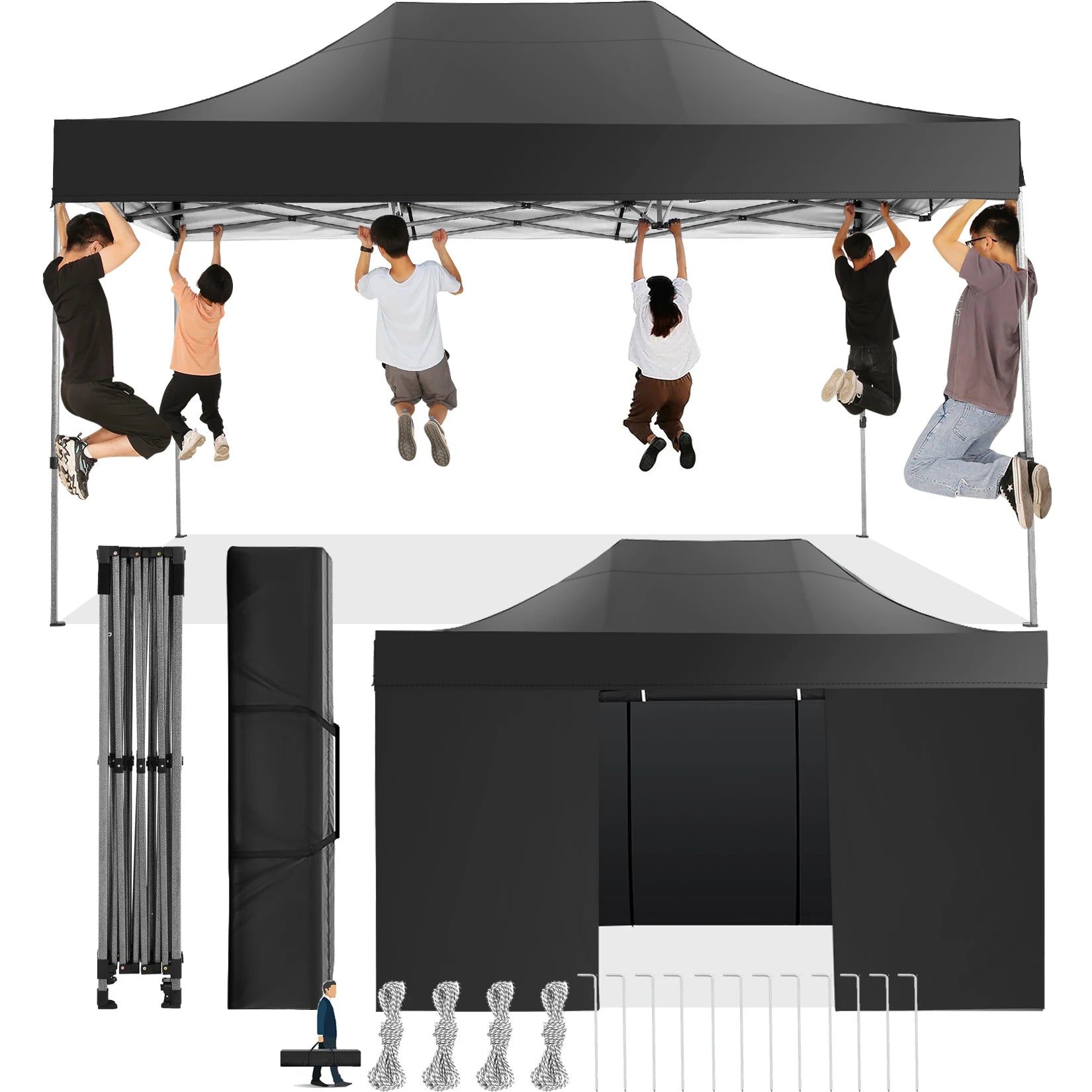 Paviljoen - Tuinpaviljoen - Partytent - Tuintent - Pop-up Kliksysteem - Stabiel - Vouwtent - met 4 Zijwanden - Opvouwbaar - Waterdicht - Winterbestendig - 50+UV-Bescherming - voor Tuin - Buiten - Achtertuin - 3 x 4.5 m - Zwart - QUORE