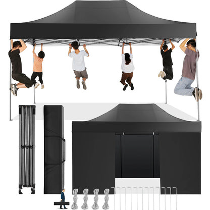 Tuinpaviljoen – Partytent – Inklapbaar Tuinhuisje – Overkapping – Beschutting – Waterdicht Polyester – Staal Frame - 3x4.5m - Zwart - QUORE