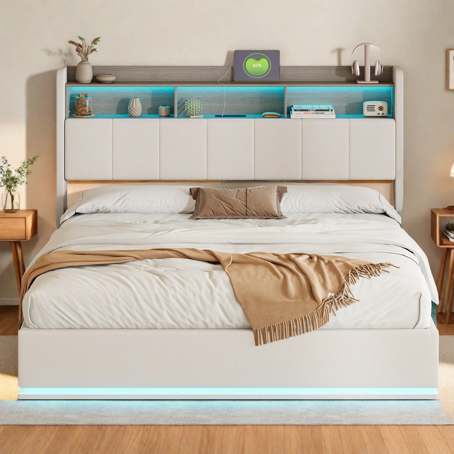 Gestoffeerd Tweepersoonsbed – Bedframe – Slaapbank – Opbergbed – Liftbed – Wit Met LED-Verlichting – Hydraulische Opbergruimte – 140x200 / 160x200 cm