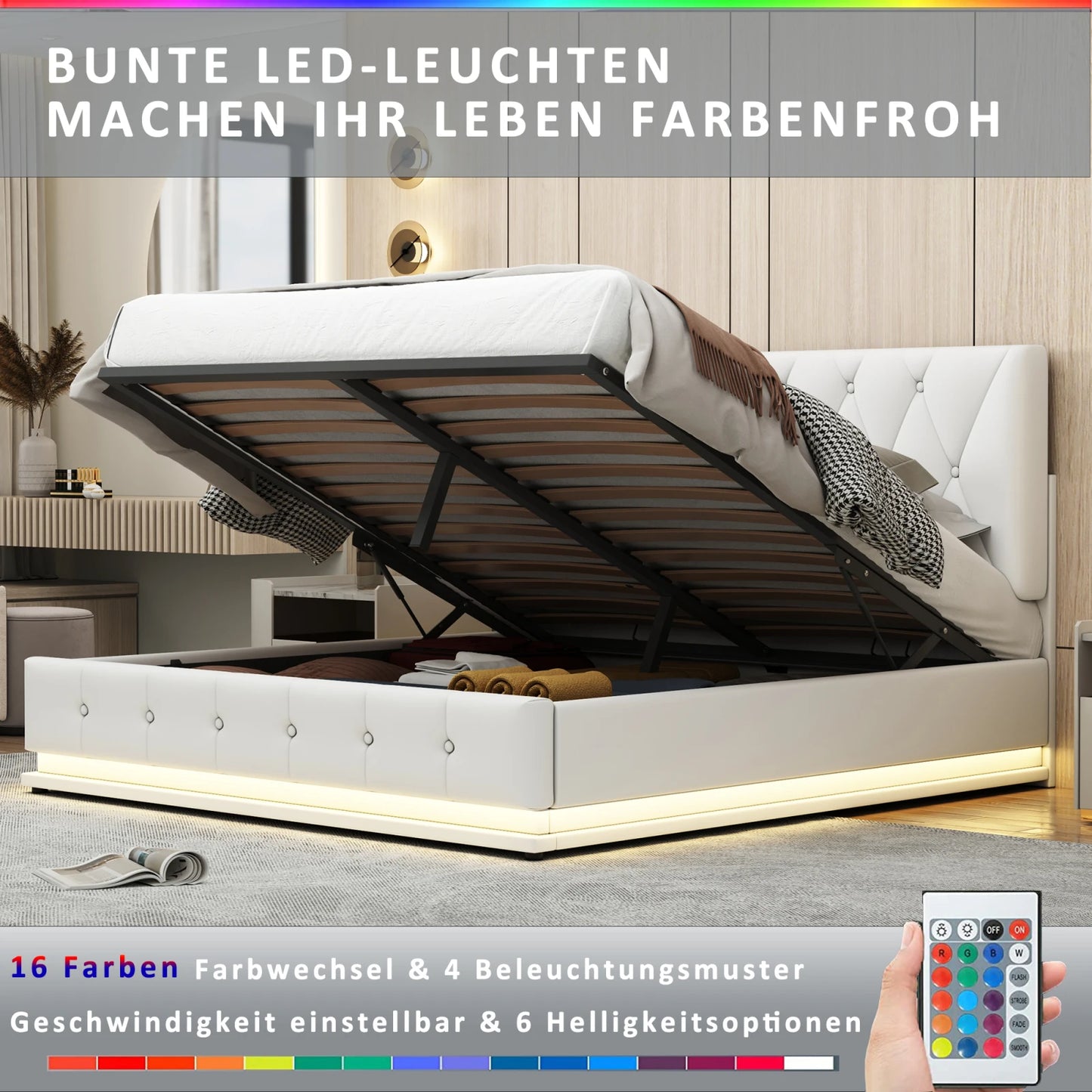 Gestoffeerd Bed – Kunstleren Bed – Opbergbed – Led Bed – Bed Met USB – Wit – 140x200 cm – Hydraulische Opbergruimte – Geïntegreerde LED-Verlichting