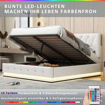 Gestoffeerd Bed – Kunstleren Bed – Opbergbed – Led Bed – Bed Met USB – Wit – 140x200 cm – Hydraulische Opbergruimte – Geïntegreerde LED-Verlichting