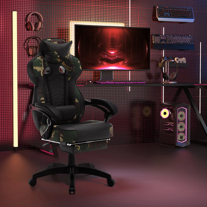 Ergonomische Gaming- en Bureaustoel – Comfortabele Werkstoel – Verstelbare Rugleuning – Voetensteun – Kunstleer – Maximale Draagkracht 120 Kg – Zwenkwielen - Camouflage