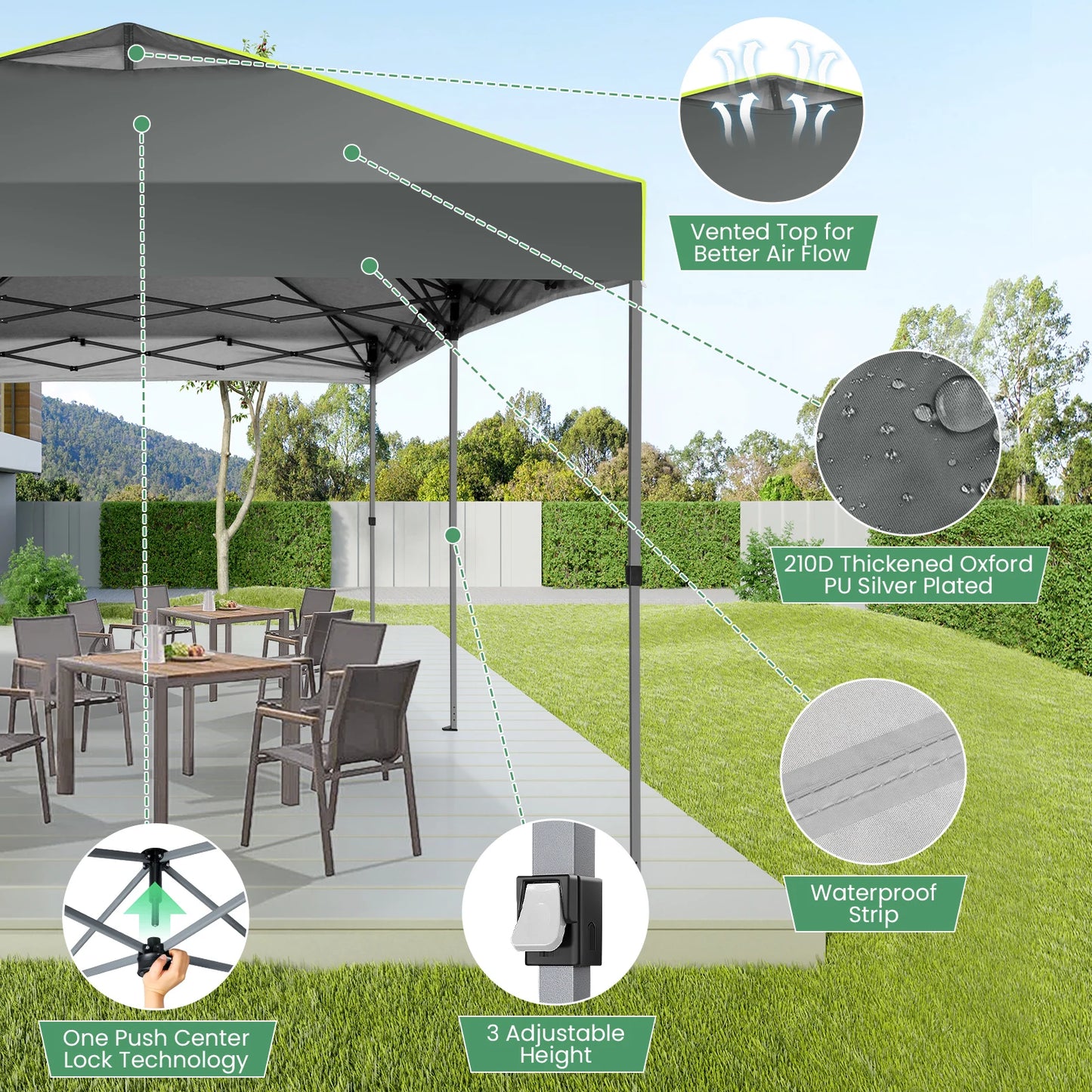 Tuinpaviljoen – Partytent – Prijstent – Inklapbare Feesttent – Tuinkamer – Overkapping – Waterdicht 210D Oxford Materiaal – UPF 50+ UV Bescherming - 3x6m - Grijs - QUORE