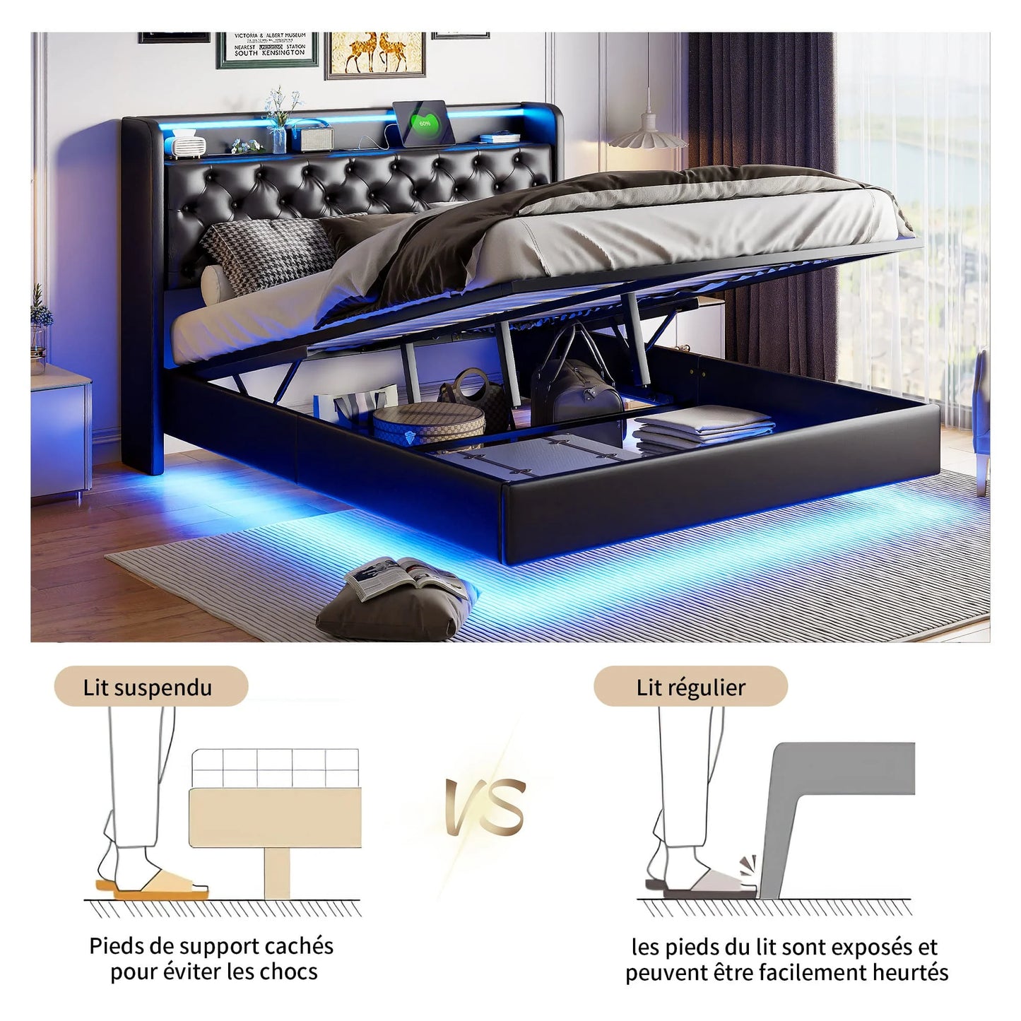 Zwevend Bed – Opbergbed – Led Bed – Bed met Hoofdbord – Slaapbed – 160x200 cm – PU Hoofdbord – RGB LED Verlichting met USB Poorten