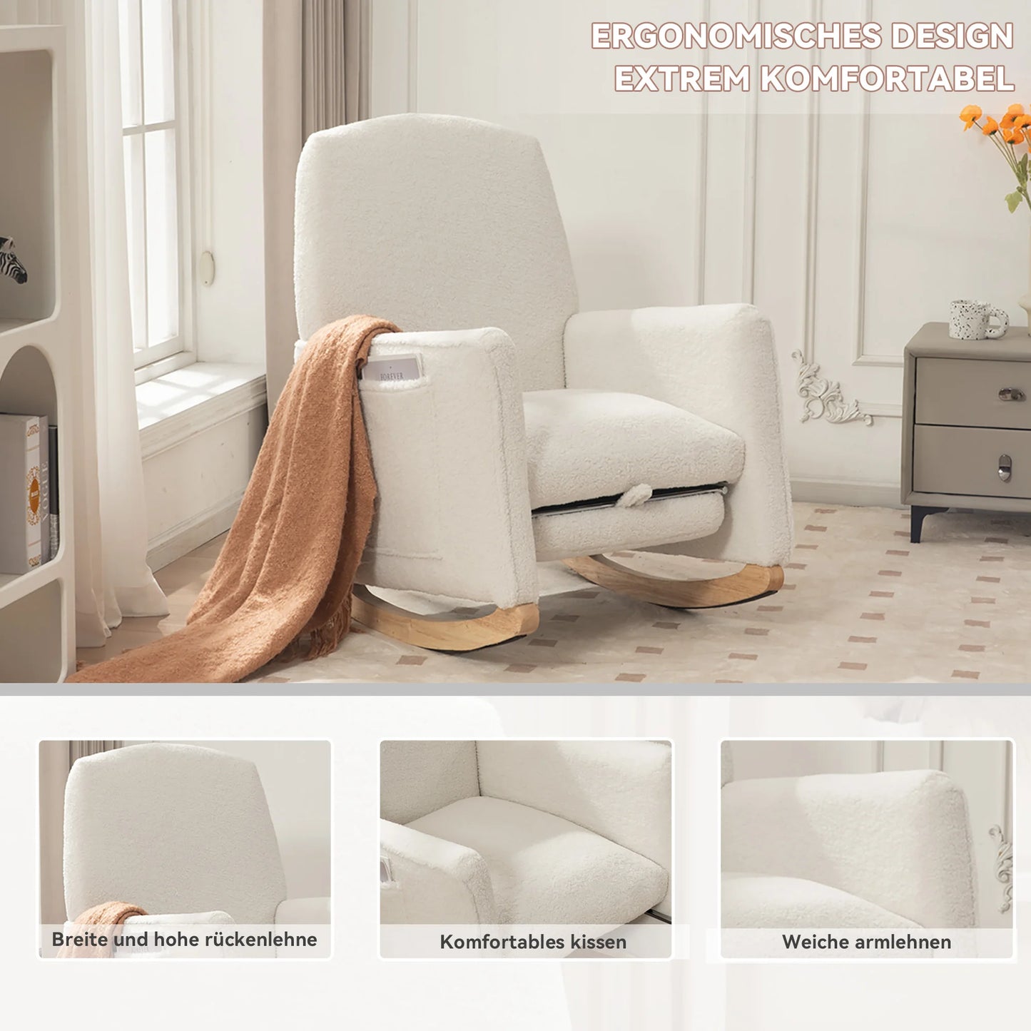 Schommelstoel – Relaxstoel – Wiegstoel – Loungechair – Teddypluche – Ergonomisch Design – Geïntegreerde Voetensteun - 67 x 126 x 98 cm - Wit