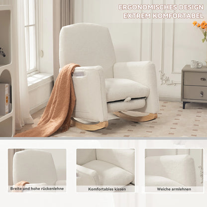 Schommelstoel – Relaxstoel – Wiegstoel – Loungechair – Teddypluche – Ergonomisch Design – Geïntegreerde Voetensteun - 67 x 126 x 98 cm - Wit