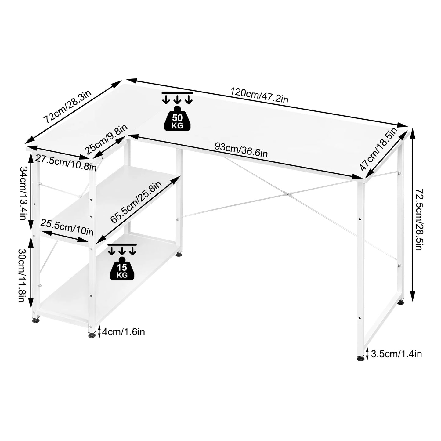 Bureau - Game Bureau - Hoekbureau - Gaming Bureau - 120x72.5x72cm - L-Vormig Bureau - Hoektafel met Omkeerbare Planken en Opbergruimte - voor Woonkamer, Slaapkamer, Studie - Wit
