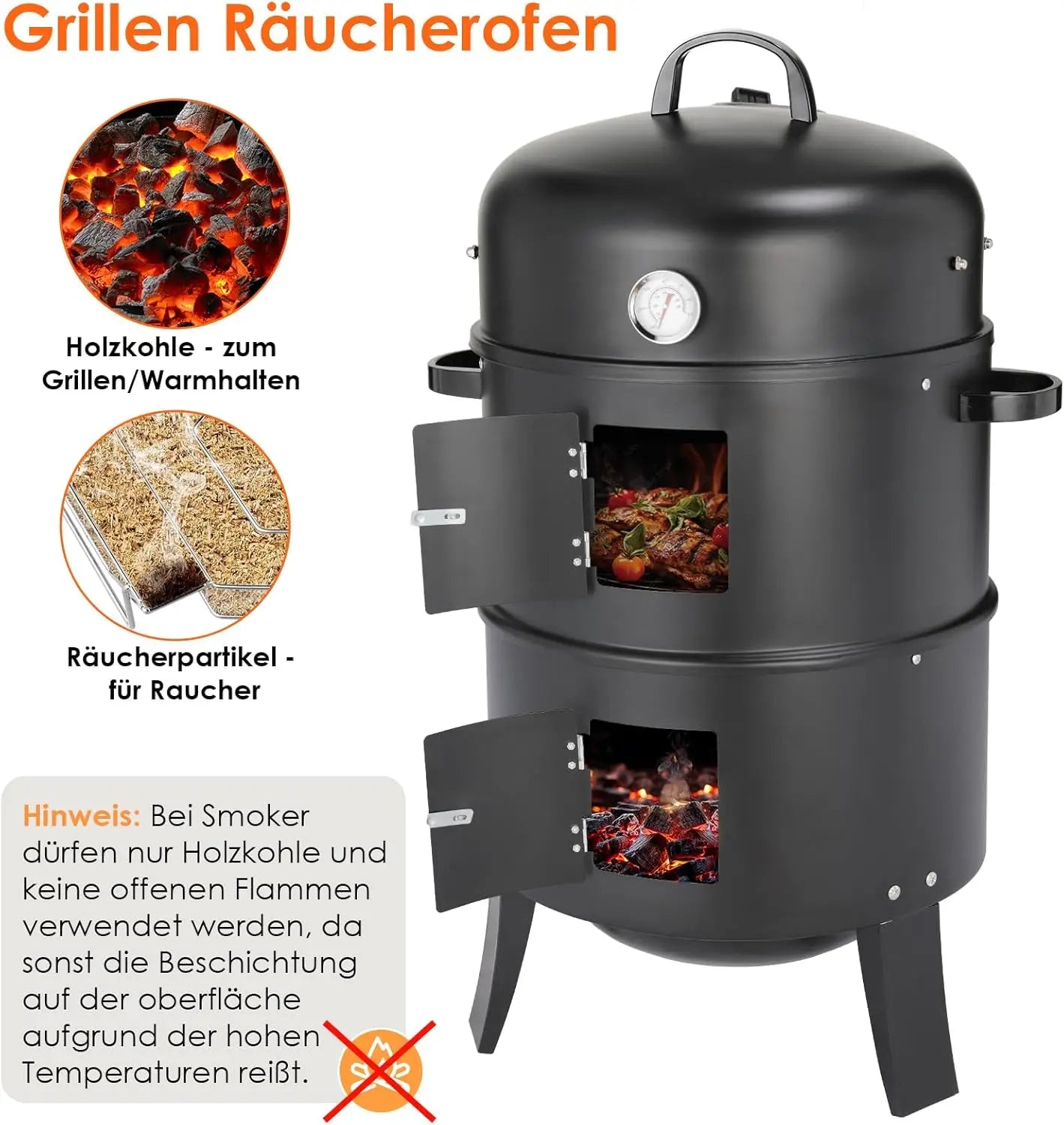 3-in-1 - Houtskoolgrill - BBQ-rokergrill -  Draagbare Verticale Grillkoker - met Ingebouwde Thermometers - Verstelbare Ventilatiesystemen - Klassieke Stijl - voor Buitenkoken - BBQ - 44.5 x 80 cm - Zwart