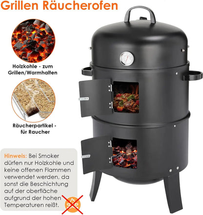 3-in-1 - Houtskoolgrill - BBQ-rokergrill -  Draagbare Verticale Grillkoker - met Ingebouwde Thermometers - Verstelbare Ventilatiesystemen - Klassieke Stijl - voor Buitenkoken - BBQ - 44.5 x 80 cm - Zwart
