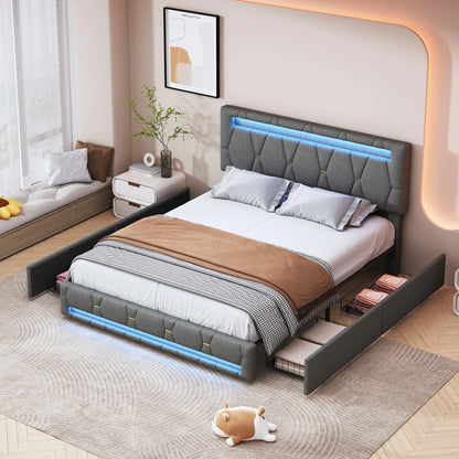 Bedframe – Gestoffeerd Bed – Tweepersoonsbed – Linnen Bed – Opbergladen Bed – 140x200 cm – Verstelbaar Hoofdbord – Stevig Metaal-Hout Frame