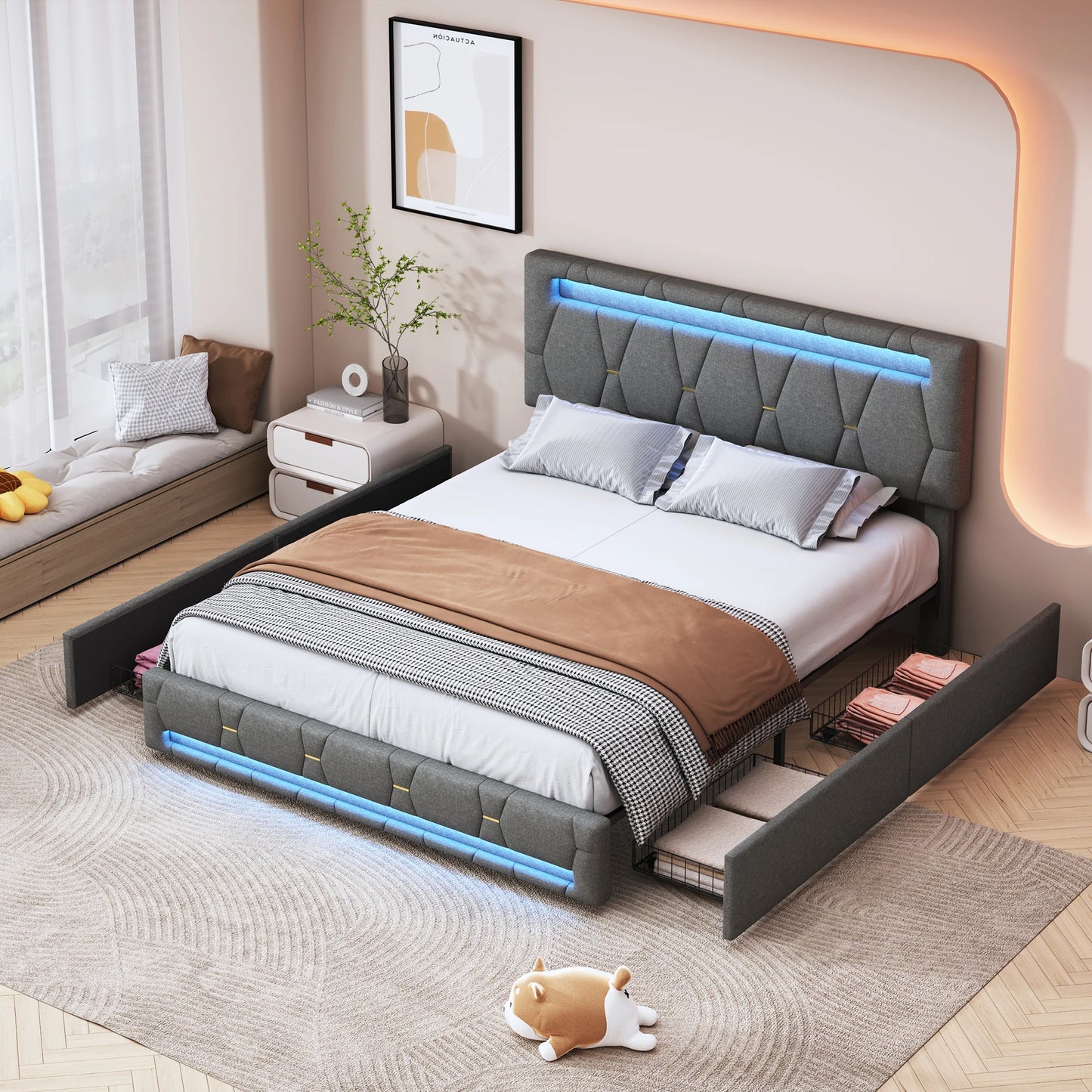 Bedframe – Gestoffeerd Bed – Tweepersoonsbed – Bedbank – Slaapbank – Grijs Linnen – 160x200 cm – 4 Ruime Lades – Verstelbaar Hoofdeinde