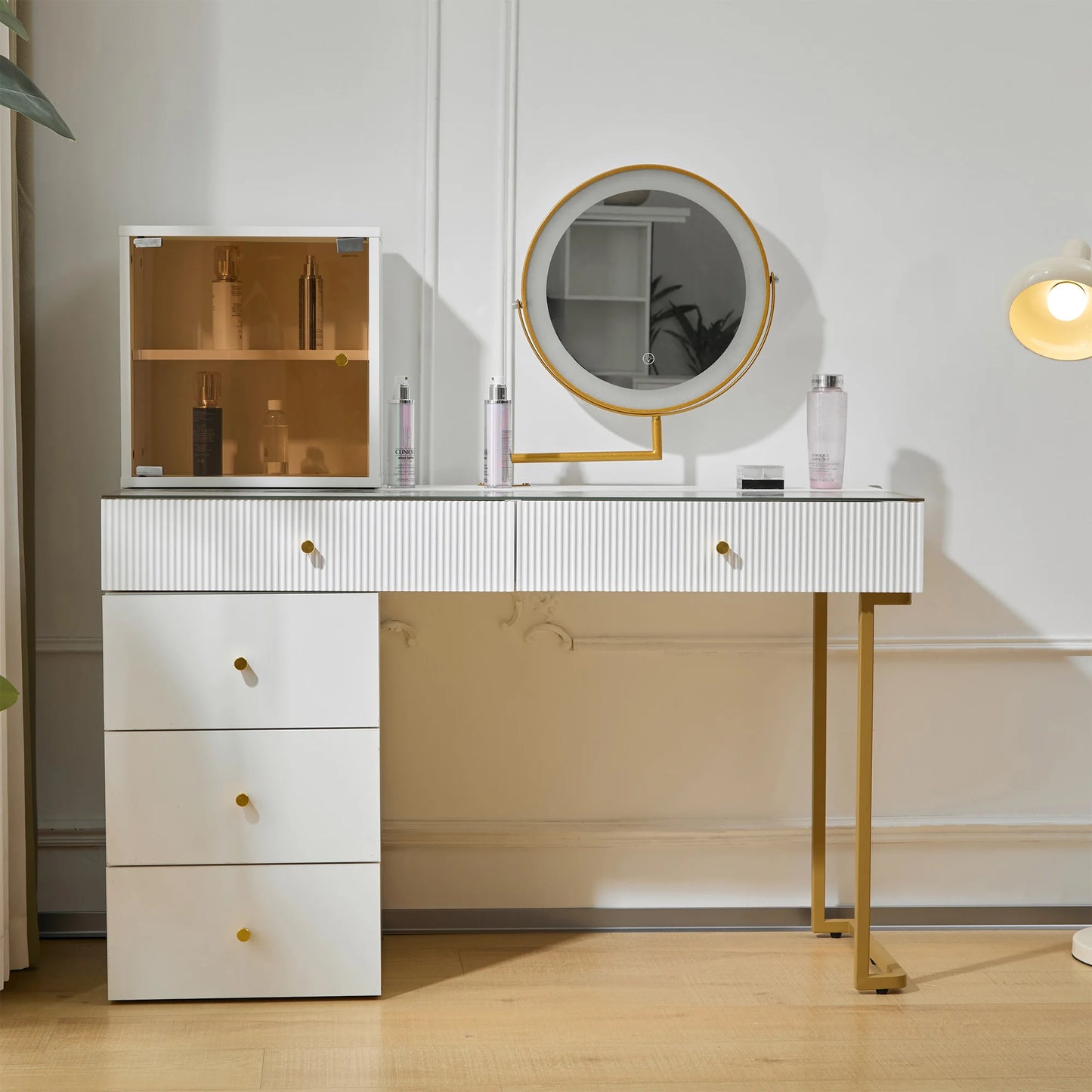 Make-uptafel – Kaptafel – Schminktisch – Visagie tafel – Make-up bureau – Wit – LED-verlichting met 3 lichtkleuren – Robuust metalen frame en glanzend glazen blad