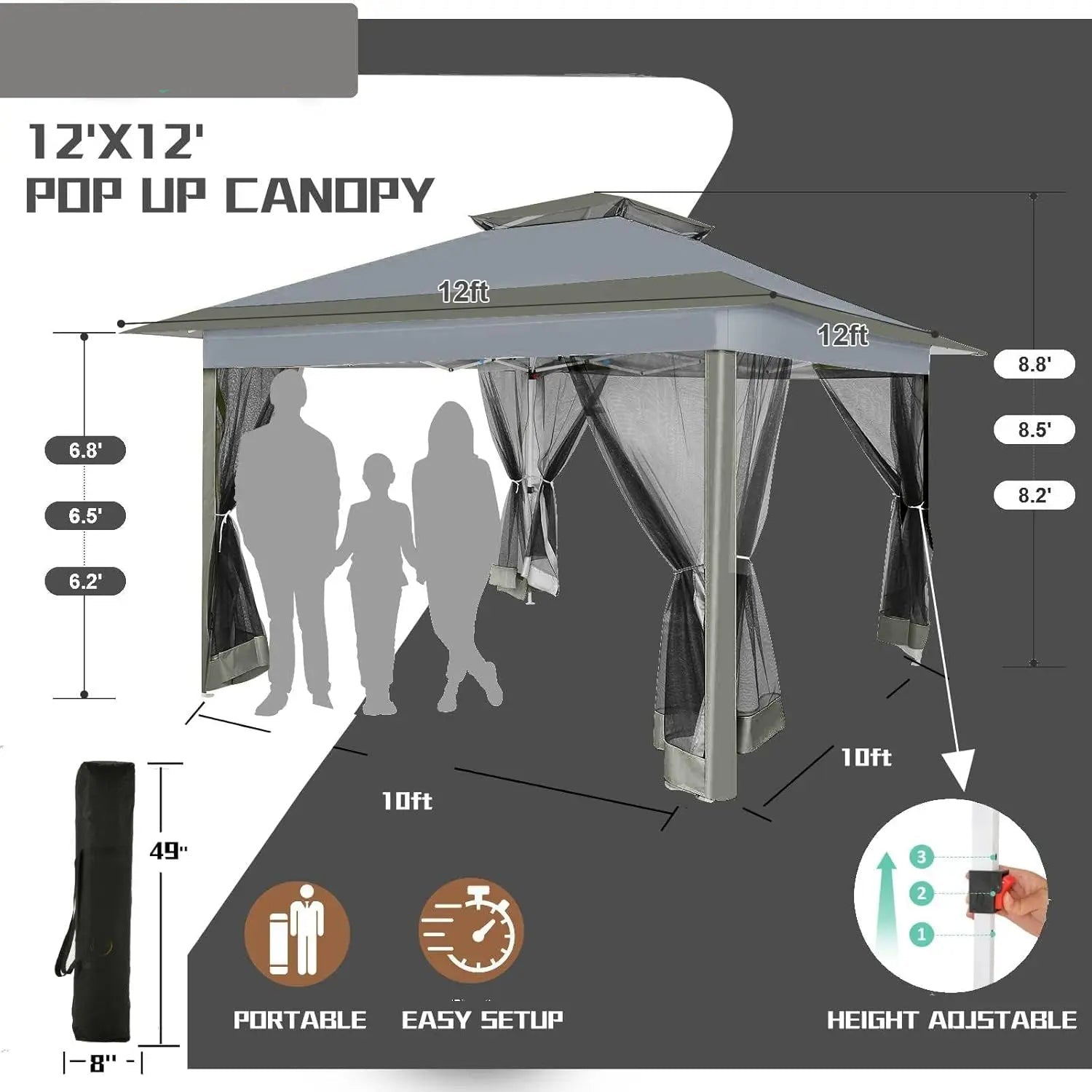 Prieel - Tuinprieel - Partytent - Tuintent - Pop-up Prieel - Stabiel - Vouwtent - met Muggengaas - Opvouwbaar - Waterdicht - Hoogte Verstelbaar - 50+UV-Bescherming - voor Tuin - Buiten - Achtertuin - Oxford-stof - 3 x 3 m - Donkergrijs - QUORE