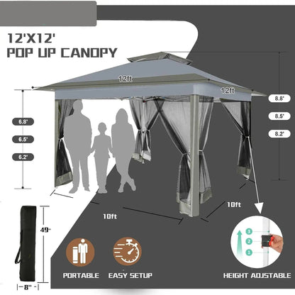 Prieel - Tuinprieel - Partytent - Tuintent - Pop-up Prieel - Stabiel - Vouwtent - met Muggengaas - Opvouwbaar - Waterdicht - Hoogte Verstelbaar - 50+UV-Bescherming - voor Tuin - Buiten - Achtertuin - Oxford-stof - 3 x 3 m - Donkergrijs - QUORE