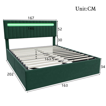 bedframe – tweepersoonsbed – jeugdbed – gastenbed – gestoffeerd bed – 160x200 cm – groene velvet stof – LED sfeerverlichting – USB oplaadpoort – opbergruimte