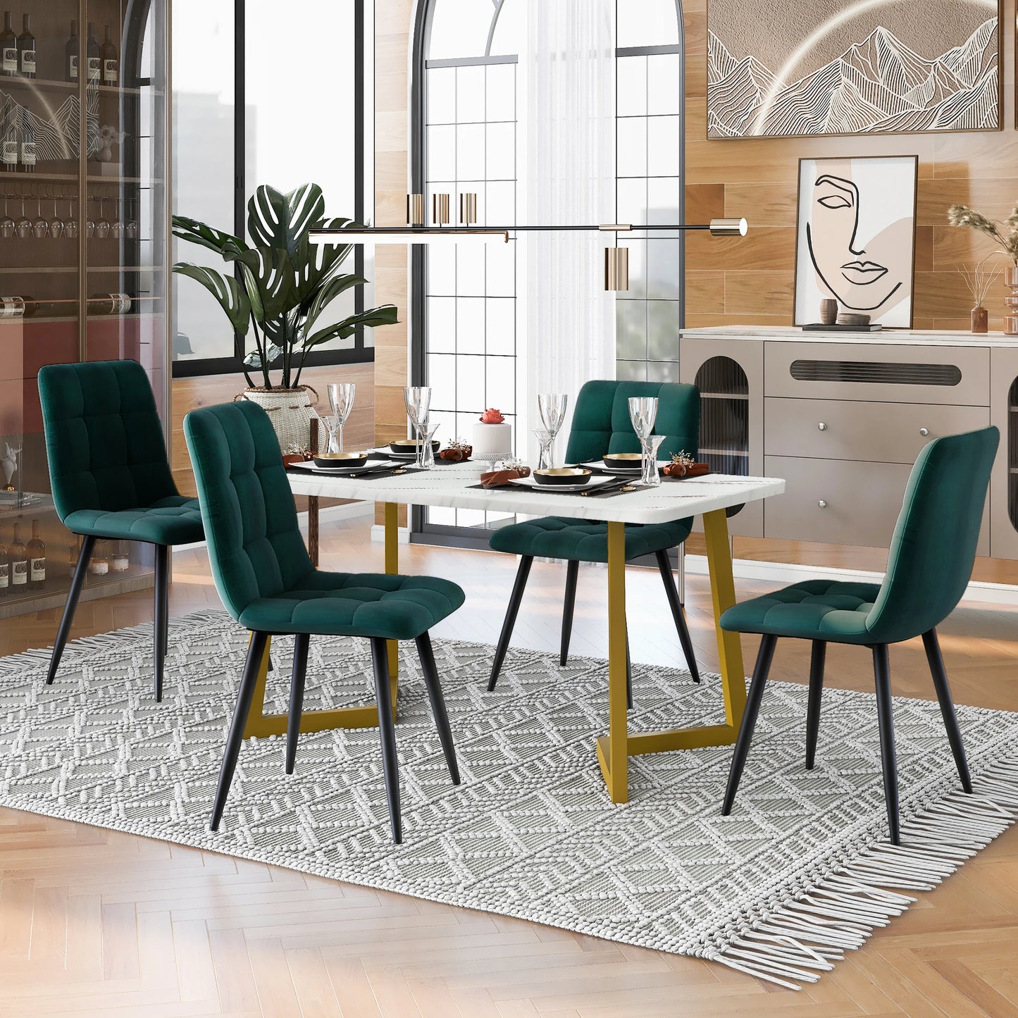 Eettafelset – Dinerensemble – Eettafel Met Stoelen – Keukentafelset – Compact Design – Marmerlook Tafelblad – Fluwelen Stoelen Met Gouden Poot - Beige