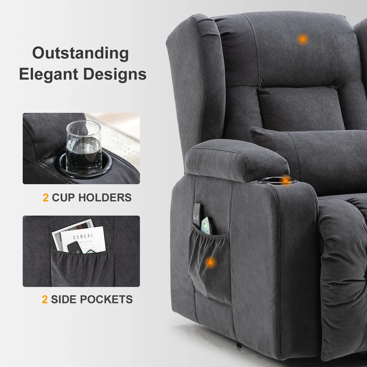Sta op stoel – Relaxfauteuil – Massagefauteuil – Elektrische stoel – TV stoel – Flanellen bekleding – Verstelbare rugleuning 45° tot 160°