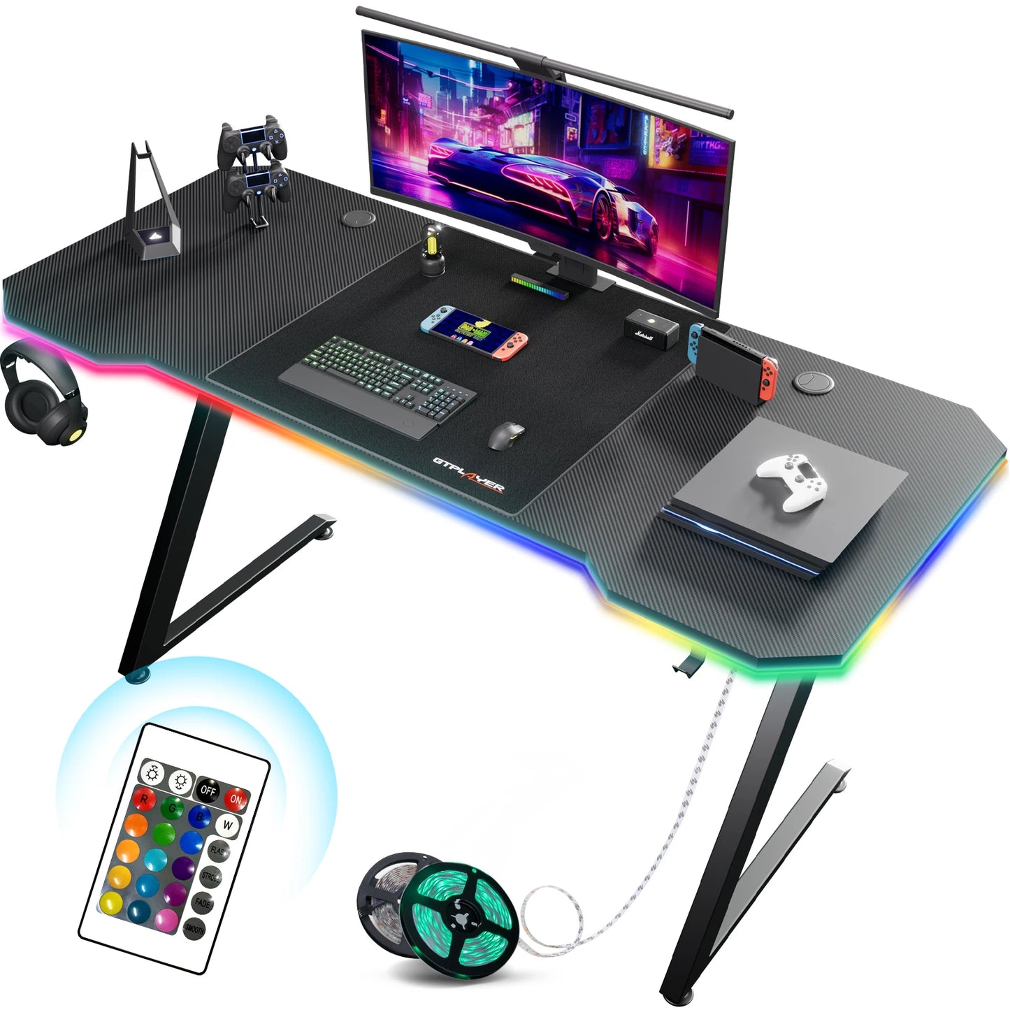 Computertafel - Computerbureau - Computermeubel - Laptoptafel - Gamingtafel - met LED-verlichting - 120 x 60 cm - Zwart