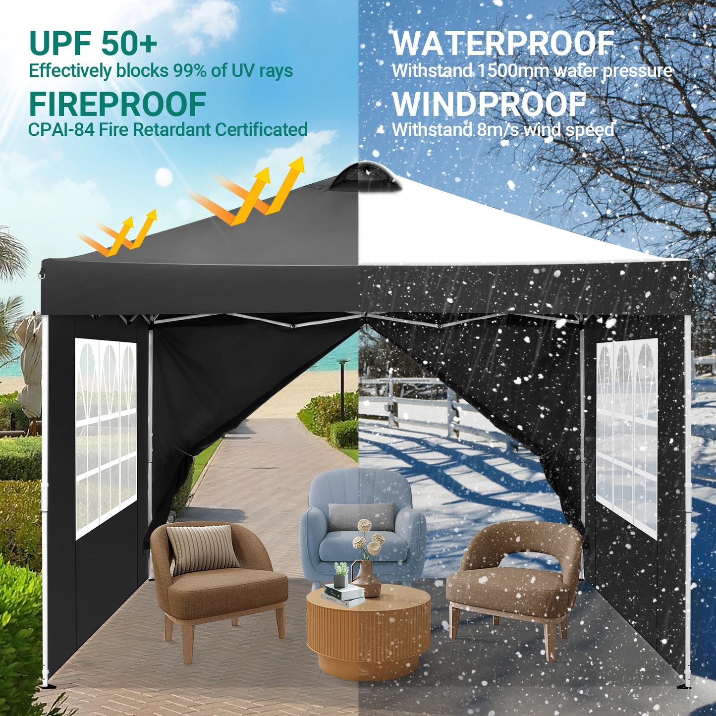 Vouwtent – Overkapping – Partytent – Schaduwdoek – Buitenpaviljoen – Waterdicht 210D Oxford – Inclusief Zijwanden Met Ramen - 3x3m - Zwart - QUORE