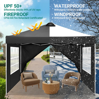 Vouwtent – Overkapping – Partytent – Schaduwdoek – Buitenpaviljoen – Waterdicht 210D Oxford – Inclusief Zijwanden Met Ramen - 3x3m - Zwart - QUORE