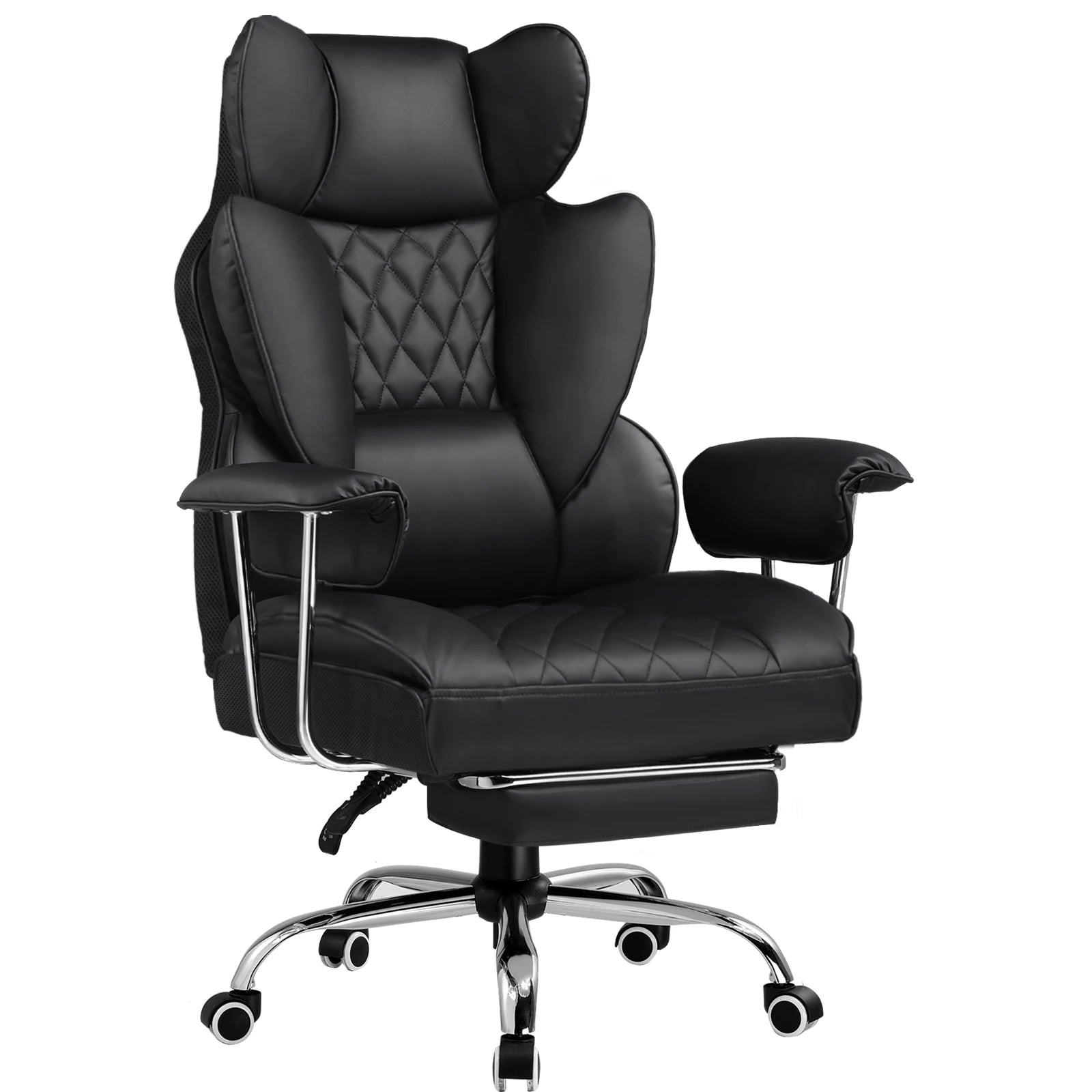 Ergonomische Bureaustoel - Gaming Stoel - Stoelen - Bureaustoelen - met Pocketvering Rugsteun -Verstelbare Voetsteun - Comfortabele Brede Zitting - 90-135° Kanteling - met Armleuningen en Wieltjes - Zwart - Leer - QUORE