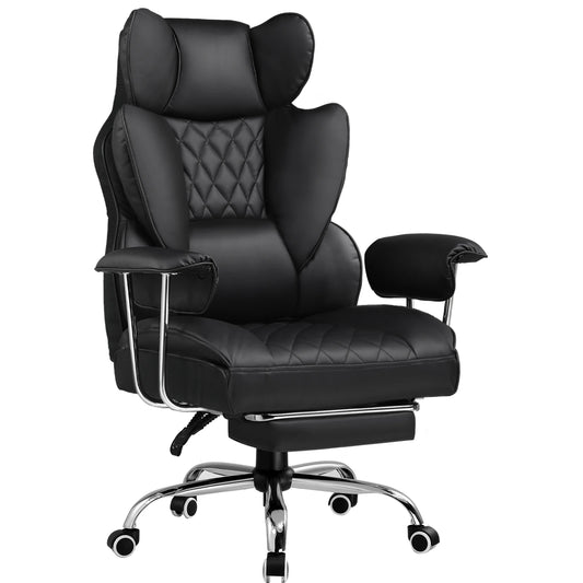 Ergonomische Bureaustoel - Gaming Stoel - Stoelen - Bureaustoelen - met Pocketvering Rugsteun -Verstelbare Voetsteun - Comfortabele Brede Zitting - 90-135° Kanteling - met Armleuningen en Wieltjes - Zwart - Leer - QUORE