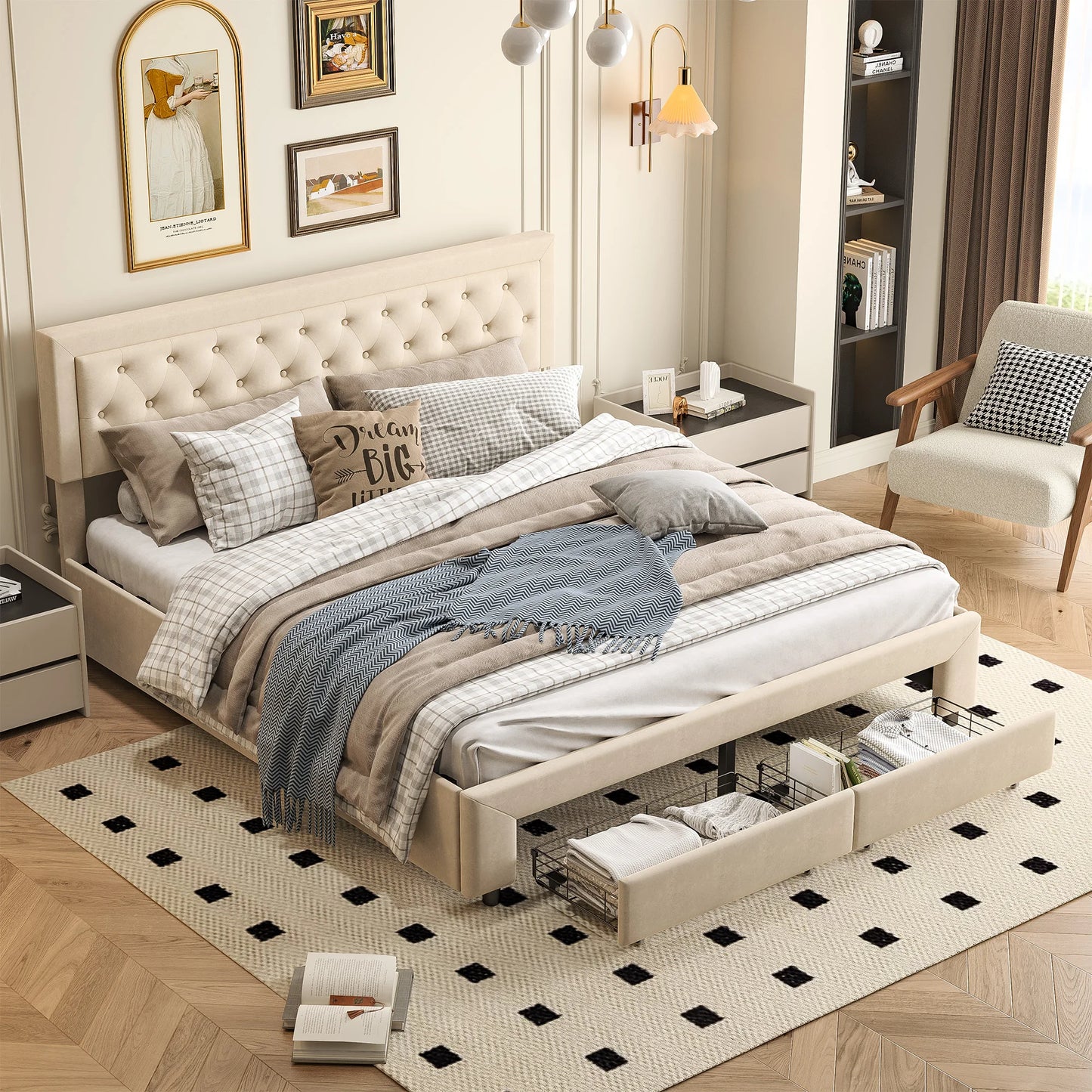 Gestoffeerd Bed – Opbergbed – Velvetbed – Tweepersoonsbed – Slaapbank – Beige 180x200 cm – Luxe Fluwelen Bekleding – Ruime Opbergladen Met Rollers