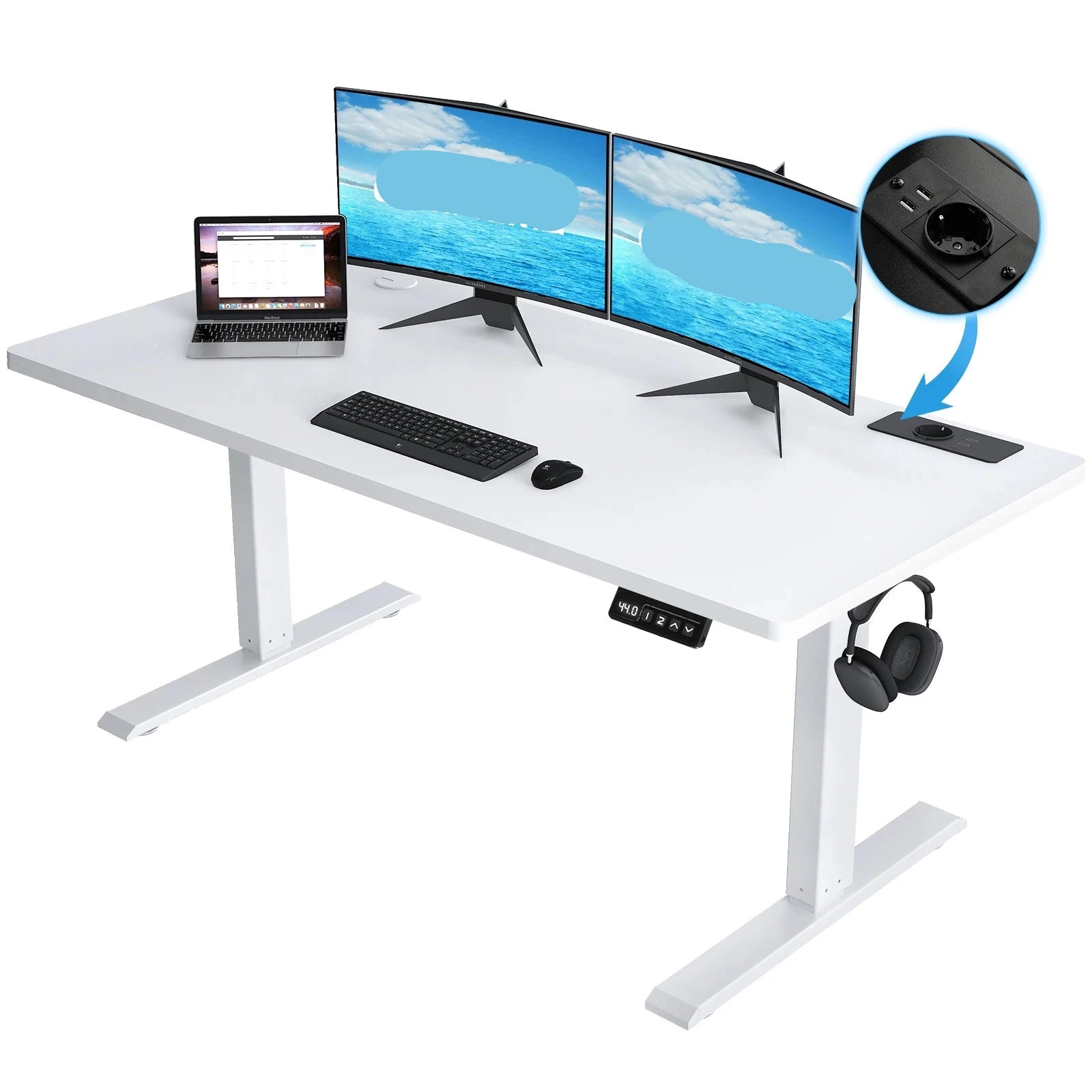 Bureautafel Verstelbaar – Zit-Sta Bureau – Elektrisch Bureau – Computertafel – Werkblad 140x60/160x70 cm – Ingebouwde USB-poort & Hoofdtelefoonhaak - QUORE