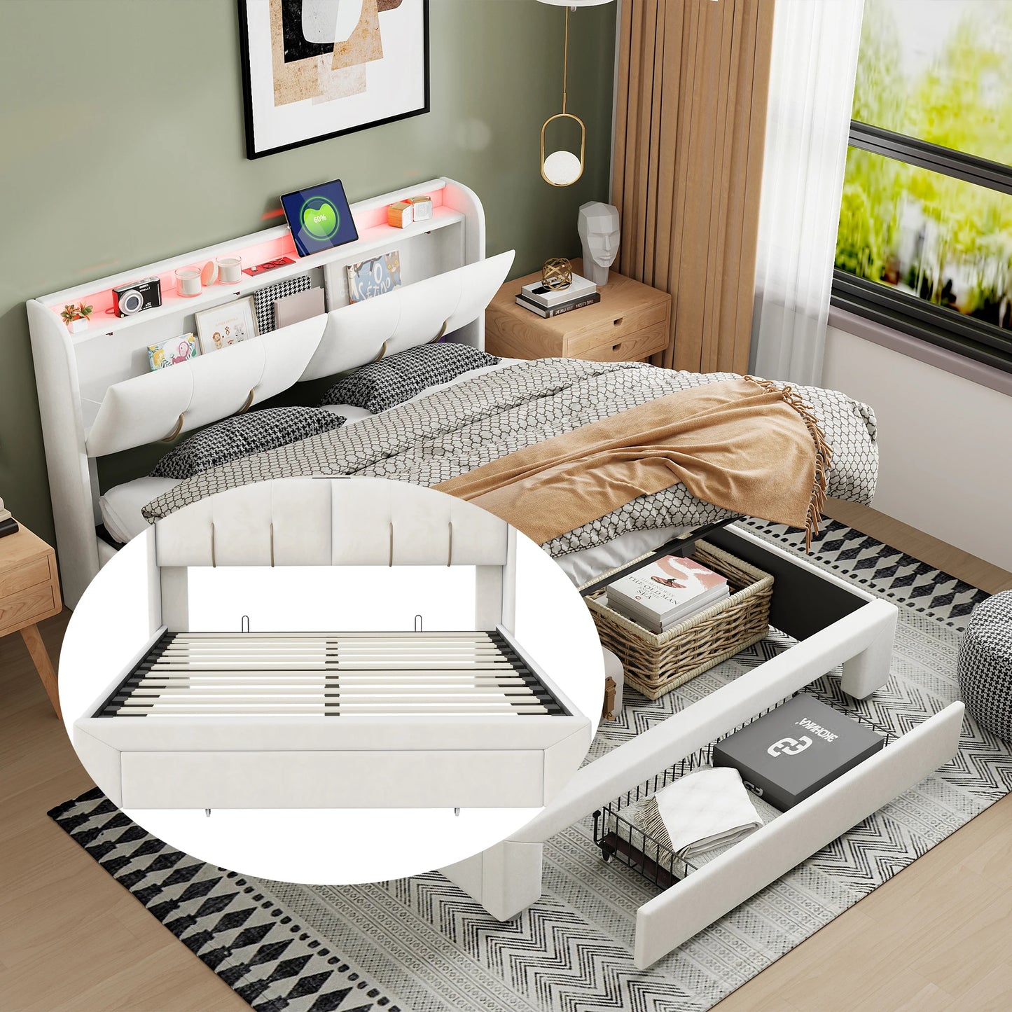 Tweepersoonsbed – Bedframe – Opbergbed – Slaapbank – Boxspring – 160x200 cm – Met LED-verlichting en USB-oplaadpunt – Grijs Fluwelen Hoofdeinde
