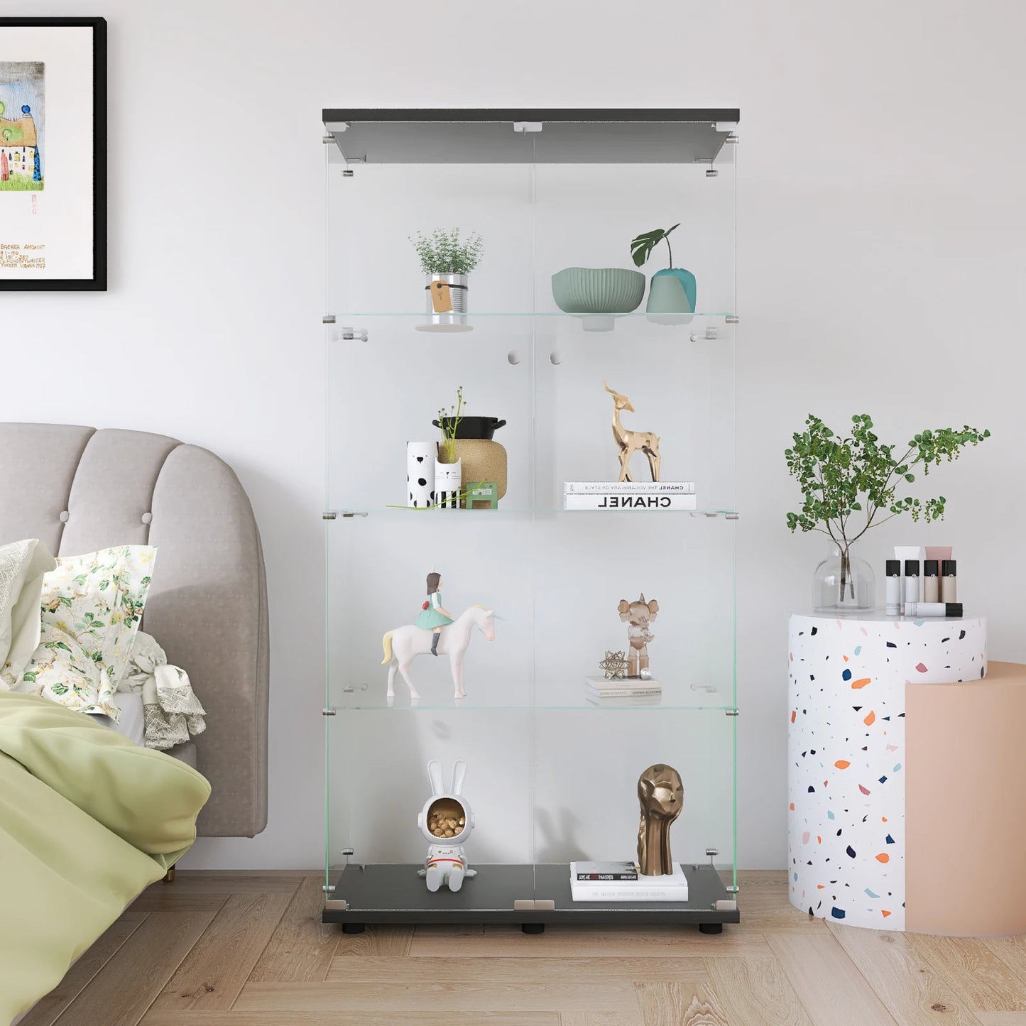 Vitrinekast – Glazen Kast – Opbergkast – Boekenkast – Showcase – Zwart met Verlichting – 80,4x36,4x163,9 cm – 4 Verstelbare Glazen Planken - QUORE