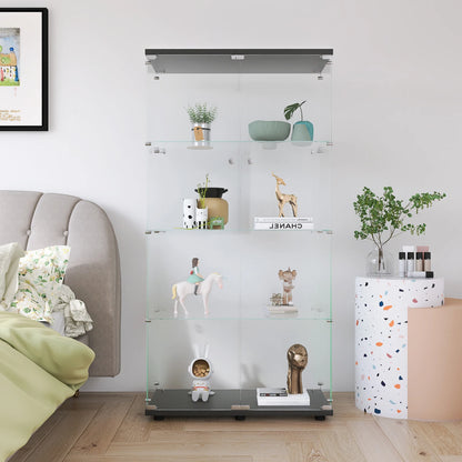 Vitrinekast – Glazen Kast – Opbergkast – Boekenkast – Showcase – Zwart met Verlichting – 80,4x36,4x163,9 cm – 4 Verstelbare Glazen Planken - QUORE