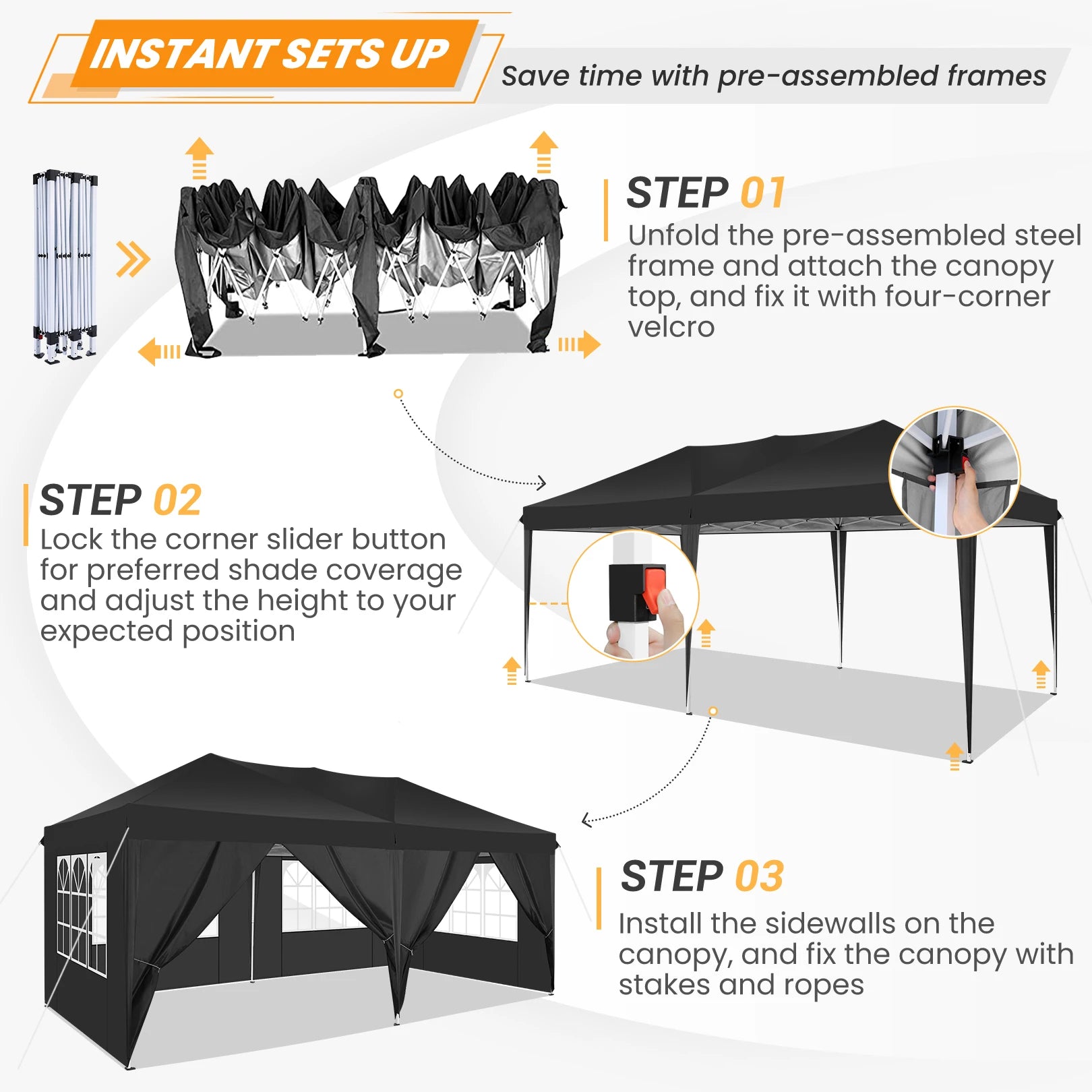 3x6 Meter Vouwtent – Partytent – Marktkraam – Overkapping – Tuintent – Roestbestendig Stalen Frame – Waterdichte 210D Oxford Stof - Blauw - QUORE