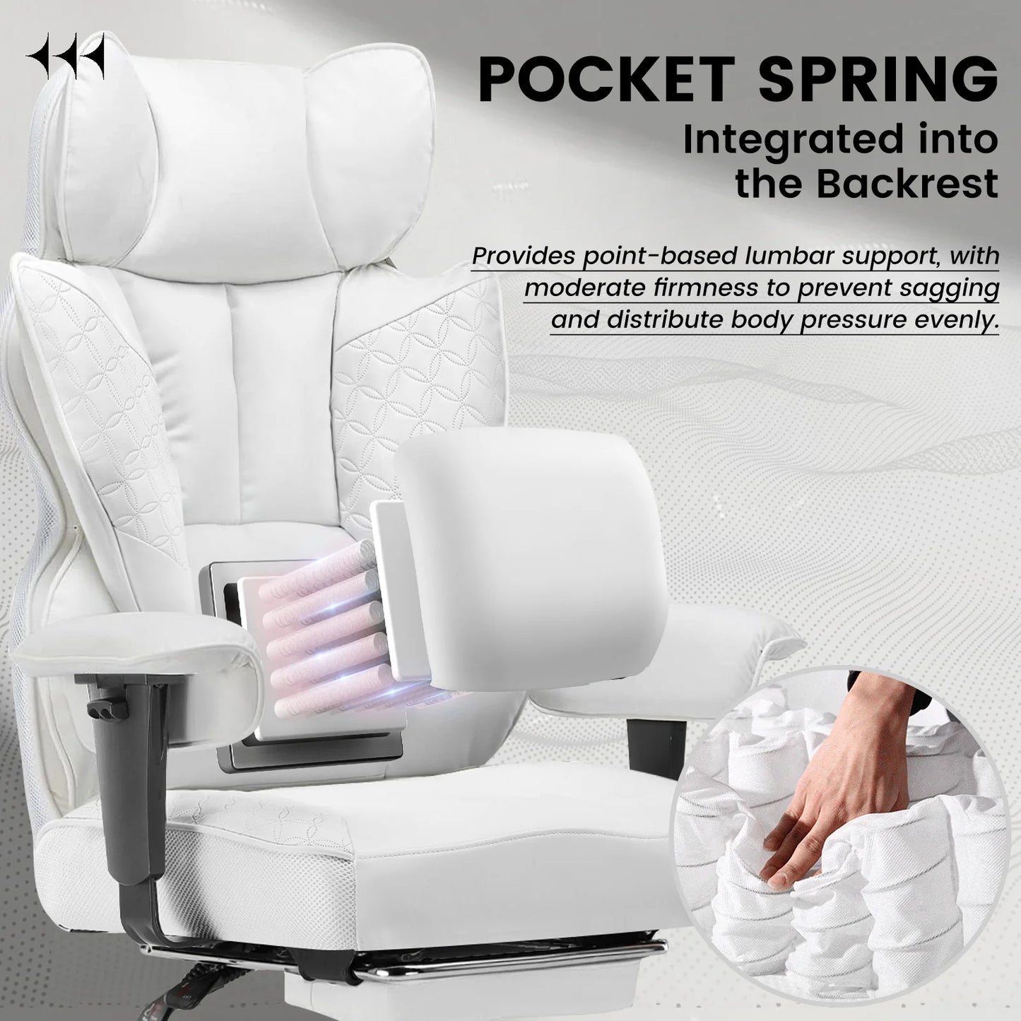 Gaming Stoel - Bureaustoel - Gamestoel - Ergonomische Bureaustoelen - Verstelbare Armleuningen & Pocket Spring Lendensteun – Wit - QUORE