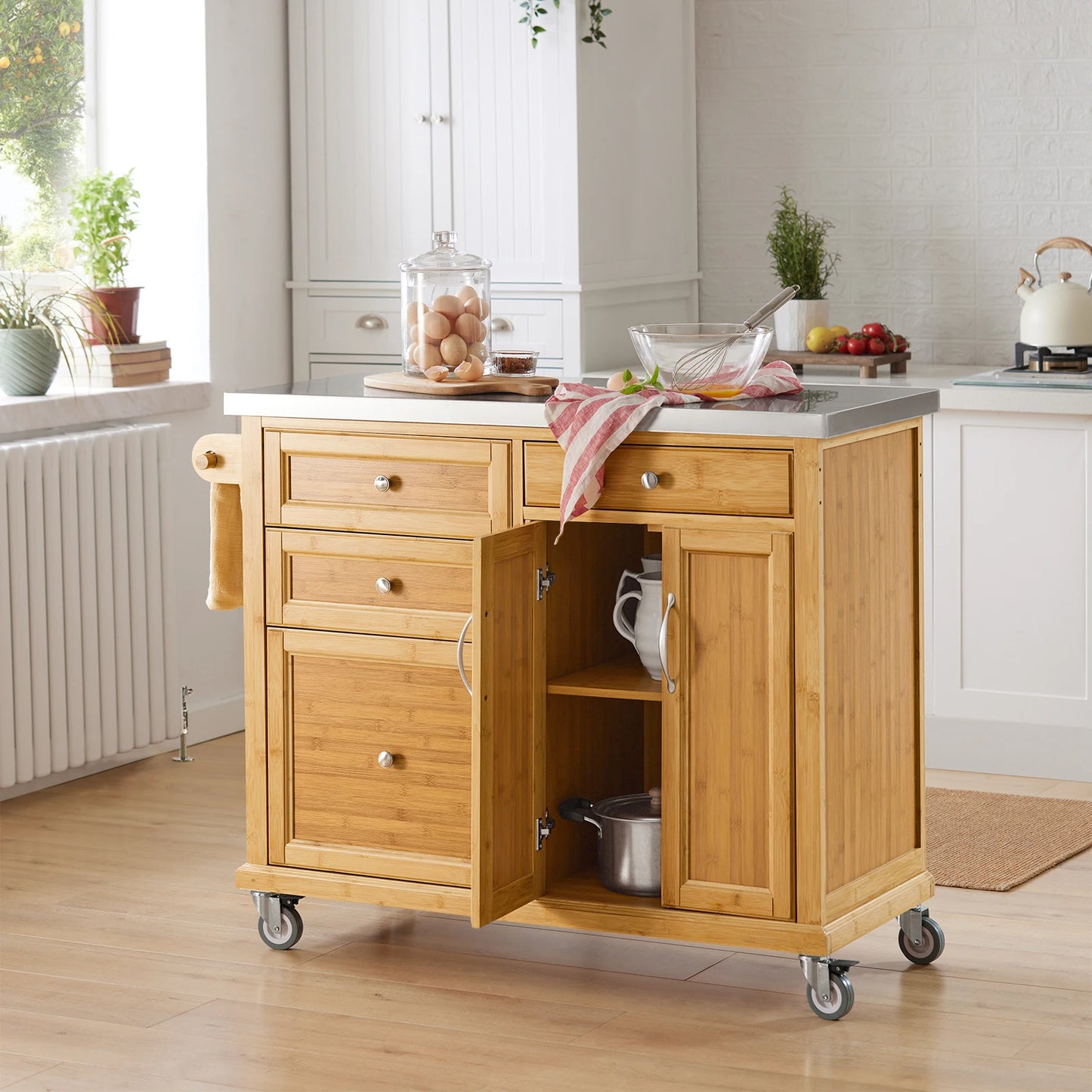 Keukeneiland – Keukentrolley – Serveerwagen – Keukenkast – Buffetkast – Natuurvariant – Bamboe Frame – RVS Werkblad – 115x92x46 cm
