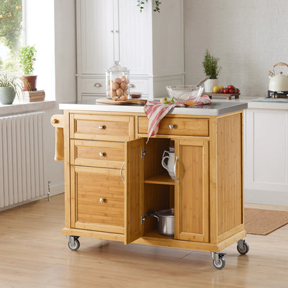 Keukeneiland – Keukentrolley – Serveerwagen – Keukenkast – Buffetkast – Natuurvariant – Bamboe Frame – RVS Werkblad – 115x92x46 cm