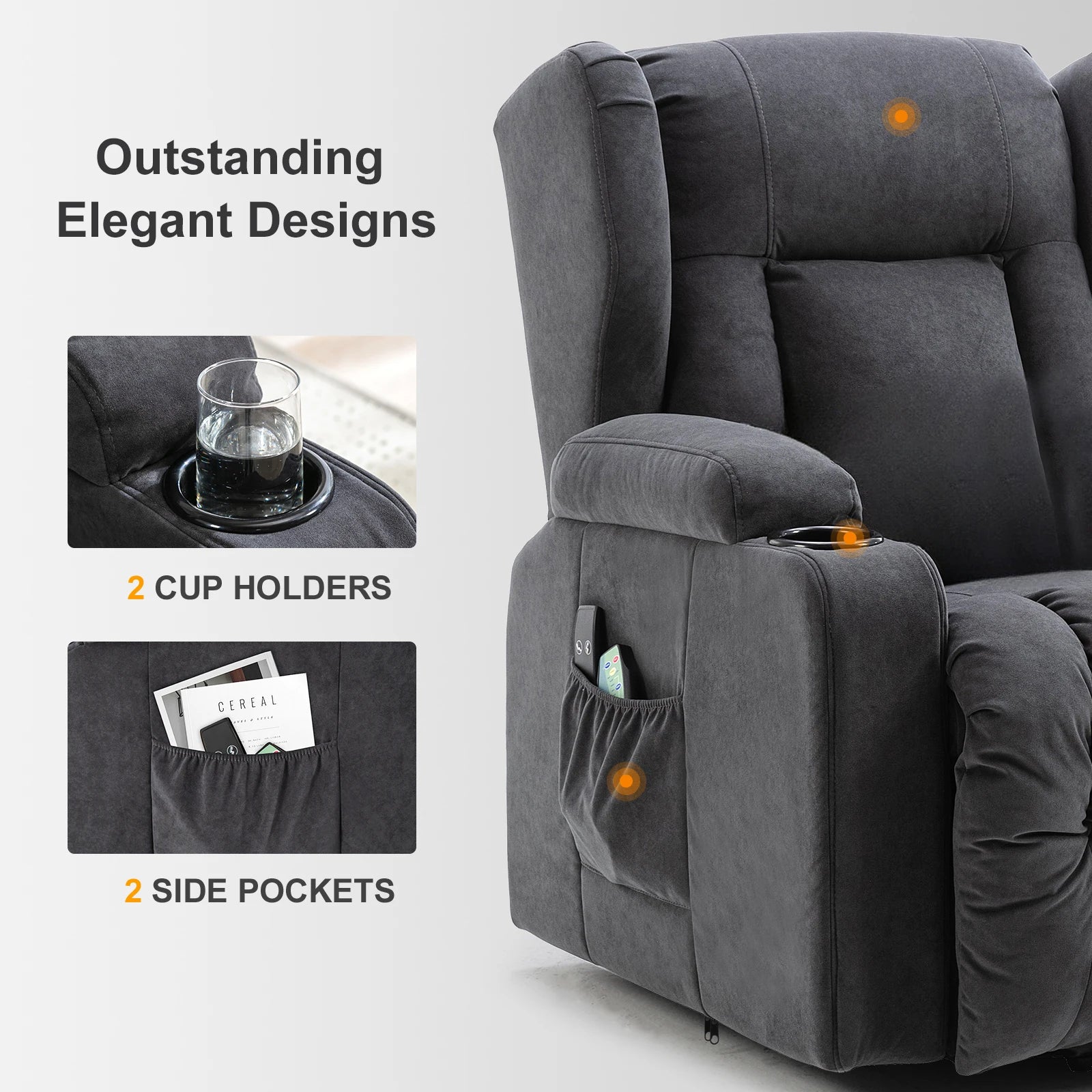 Elektrische Relaxfauteuil – Relaxstoel – Liftsysteem – Massagefauteuil – Verstelbare Rugleuning – Warmtefunctie – Draaglast 150 Kg - 75 x 83 x 100 cm - Grijs - QUORE