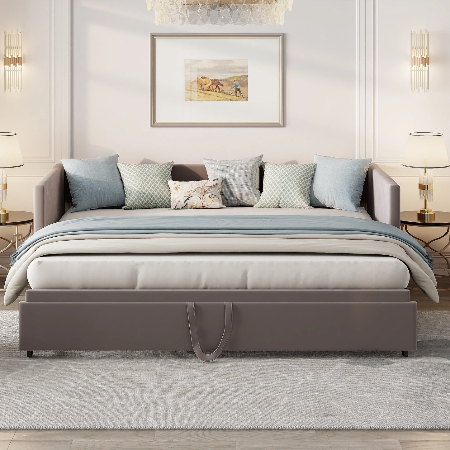 Slaapbank – Sofa Bed – Bedbank – Uitklapbare Bank – 2-Persoonsbed – Verstelbaar Metaal Frame – Grijze Velvet Bekleding – 90x200 cm Uitklapbaar