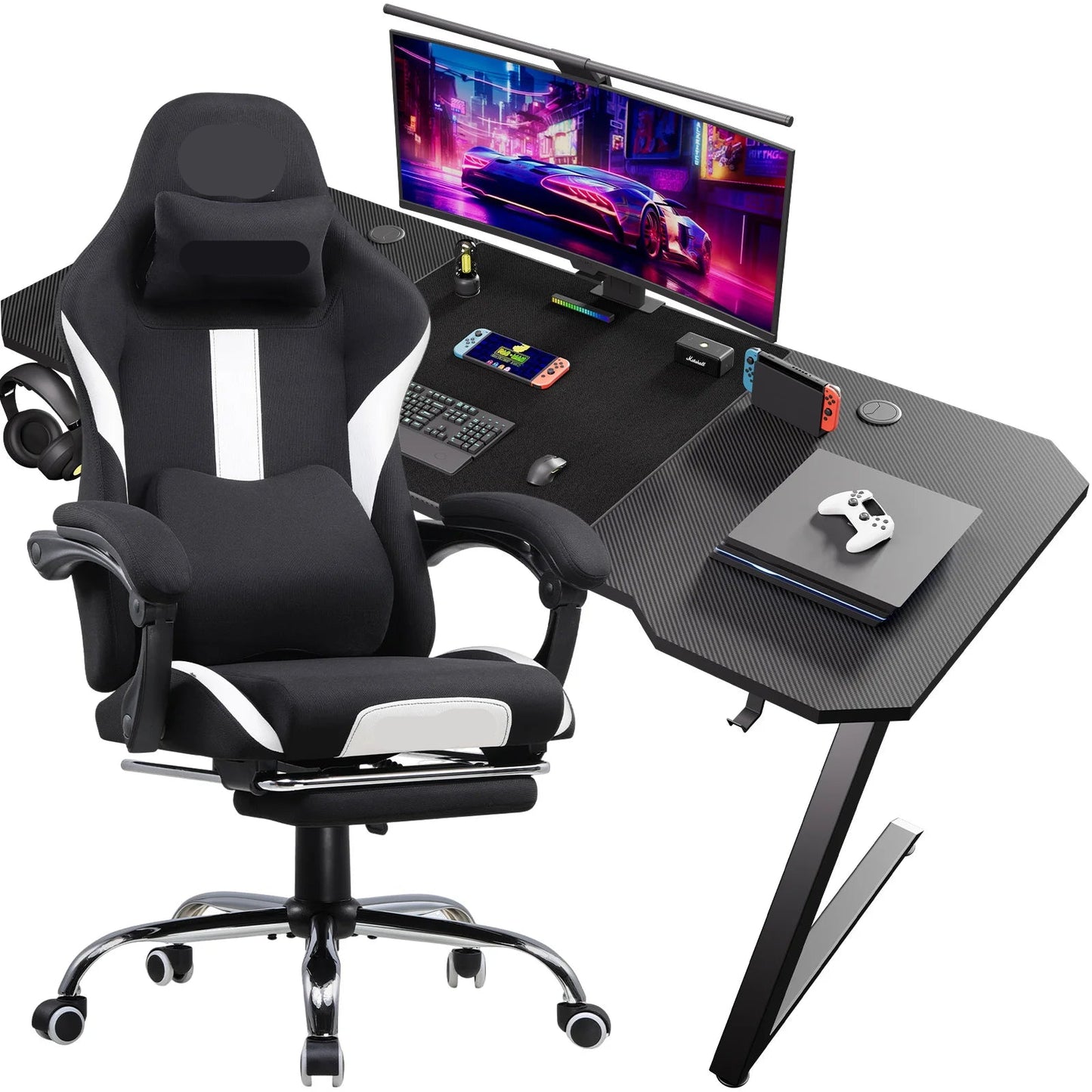 Gamingbureau – Gamebureau – Gaming Desk – Computerbureau – Gamer Tafel – Ergonomisch Ontwerp – Verstelbare Stoel Met 360° Draaibare Zitting