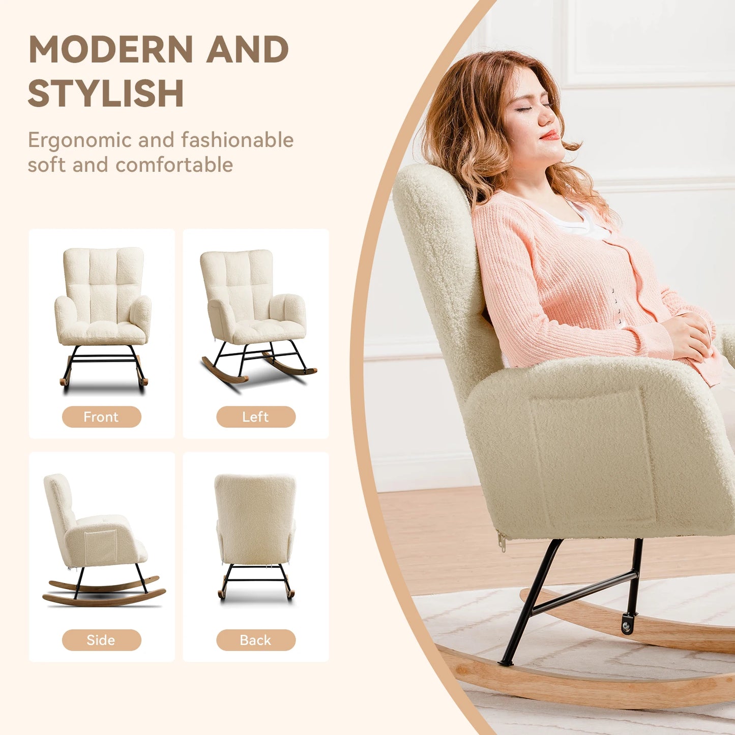 Schommelstoel – Relaxstoel – Fauteuil – Voedingsstoel – Loungestoel – Beige Teddy Stof – Ergonomisch Met Armleuningen