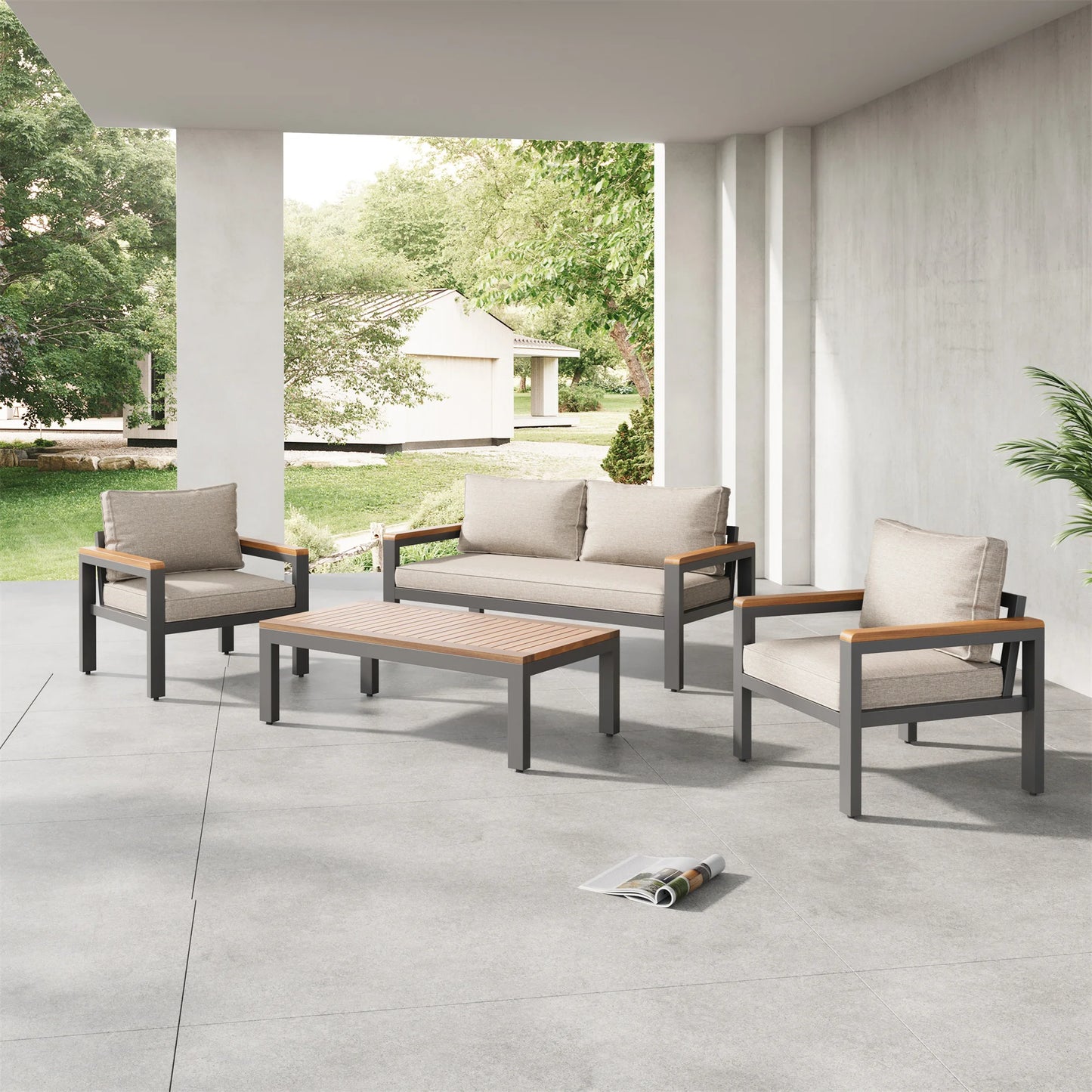 Tuinset – Loungeset – Balkonset – Buitenmeubelen – 4-Delige Set – Metalen Frame – Acaciahouten Details