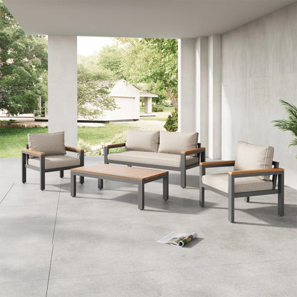 Tuinset – Loungeset – Balkonset – Buitenmeubelen – 4-Delige Set – Metalen Frame – Acaciahouten Details