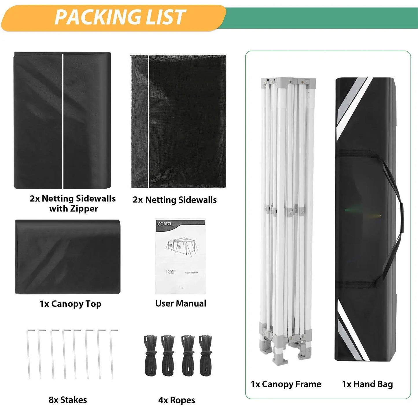 Opvouwbaar Tuinhuisje – Pop-Up Tent – Overkapping – Insectenbescherming – Waterdicht Oxford – Drie Verstelbare Hoogtes - Zwart - QUORE