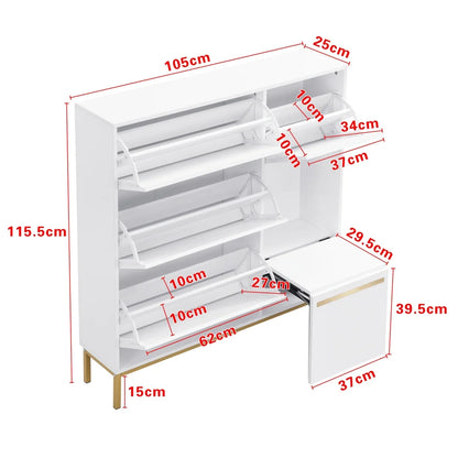 Schoenenkast – Schoenopberger – Schoenrek – Schoenmeubel – Zitbank – Uitschuifbaar – MDF – 15-22 Paar Schuien - 105 x 115,5 x 25 - Wit