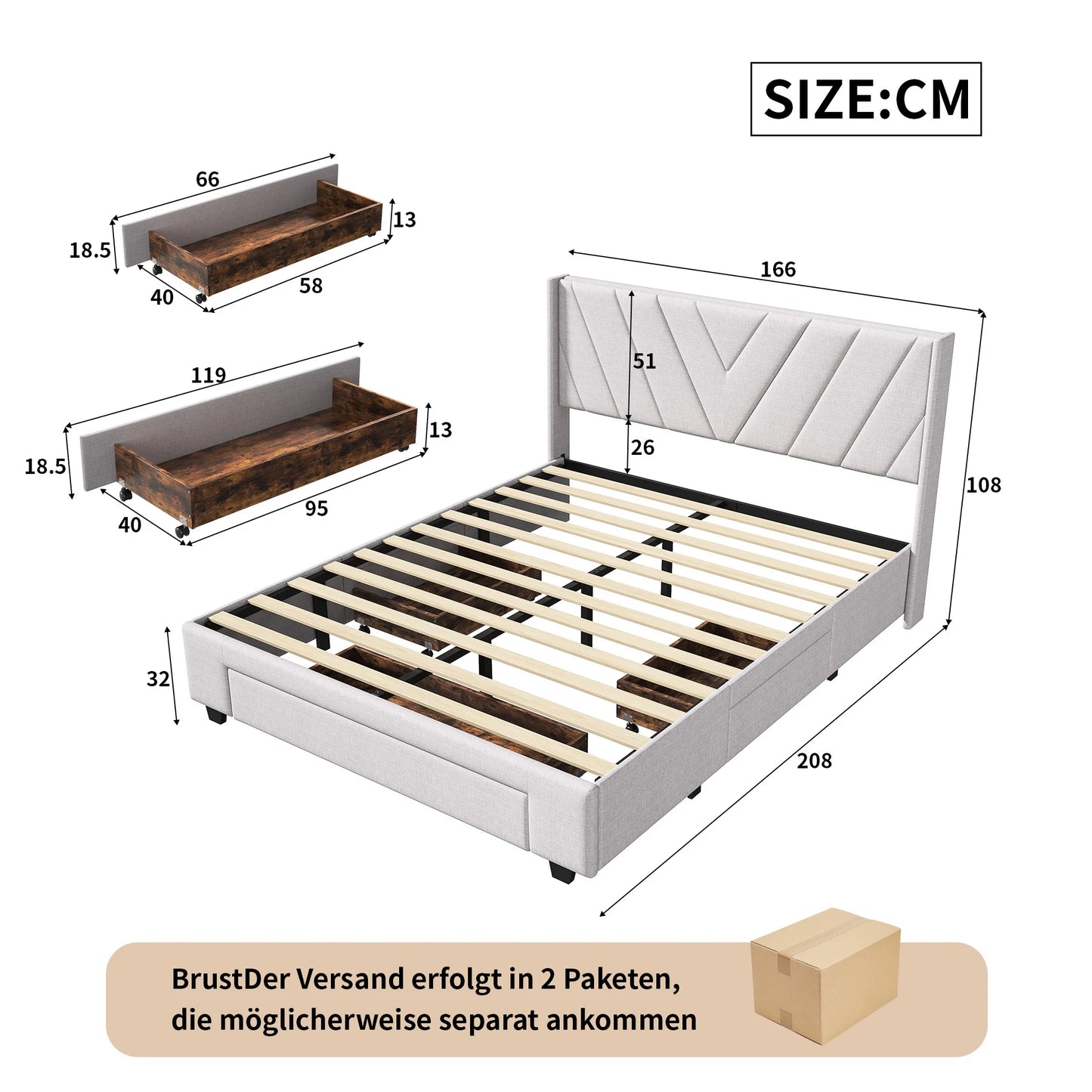 Gestoffeerd Bed – Tweepersoonsbed – Ladebed – Opbergbed – Bedframe – 140x200 cm – 3 Ruime Laden – Linnen Bekleding