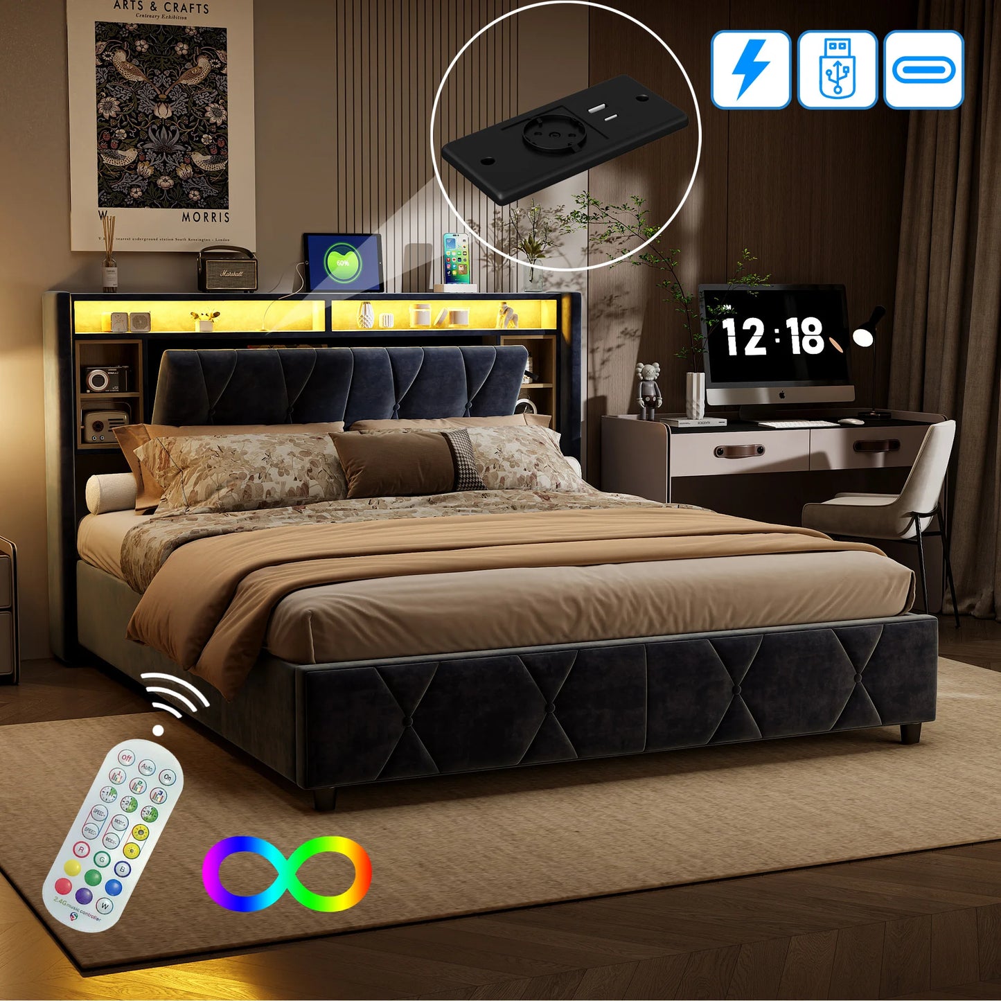 Tweepersoonsbed – Bedframe – Opbergbed – Slaapbed – Fluwelen Bed – 140x200 cm – Met LED-verlichting en USB-aansluitingen – Stevig Metalen Frame met Houten Lattenbodem
